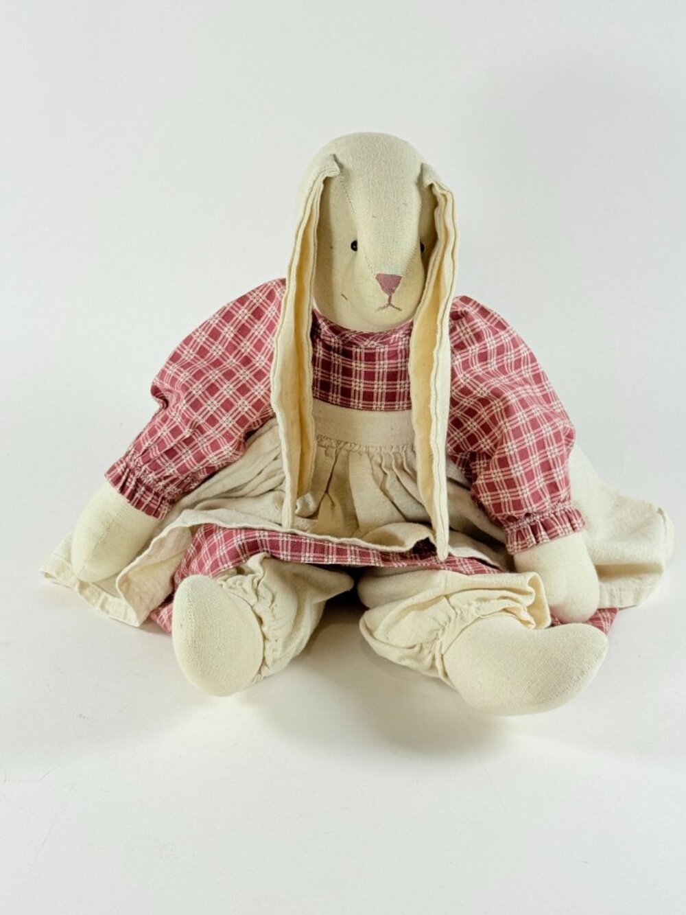 Handmade Fabric Bunny Doll In Plaid Dress With Apron Farmhouse Rustic Decor